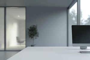 Blurred office background with a computer and white desk in a modern interior, a business work space concept, a mockup for product display presentation, with a white background photo