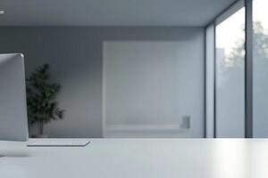 Blurred office background with a computer and white desk in a modern interior, a business work space concept, a mockup for product display presentation, with a white background photo