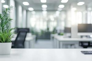 Blurred office background with a computer and white desk in a modern interior, a business work space concept, a mockup for product display presentation, with a white background photo