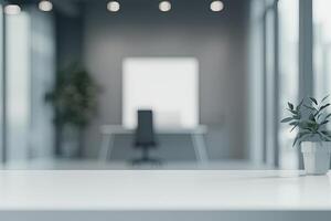Blurred office background with a computer and white desk in a modern interior, a business work space concept, a mockup for product display presentation, with a white background photo