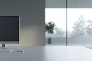 Blurred office background with a computer and white desk in a modern interior, a business work space concept, a mockup for product display presentation, with a white background photo