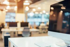 Blurred office background with a computer and white desk in a modern interior, a business work space concept, a mockup for product display presentation, with a white background photo