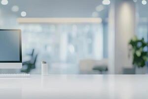Blurred office background with a computer and white desk in a modern interior, a business work space concept, a mockup for product display presentation, with a white background photo