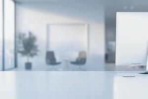 Blurred office background with a computer and white desk in a modern interior, a business work space concept, a mockup for product display presentation, with a white background photo