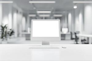 Blurred office background with a computer and white desk in a modern interior, a business work space concept, a mockup for product display presentation, with a white background photo