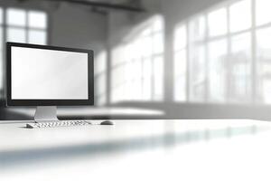 Blurred office background with a computer and white desk in a modern interior, a business work space concept, a mockup for product display presentation, with a white background photo