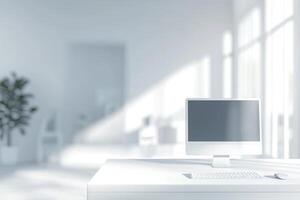 Blurred office background with a computer and white desk in a modern interior, a business work space concept, a mockup for product display presentation, with a white background photo