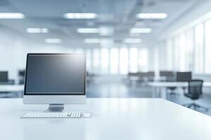 Blurred office background with a computer and white desk in a modern interior, a business work space concept, a mockup for product display presentation, with a white background photo
