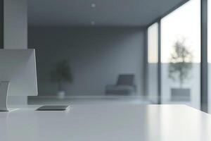 Blurred office background with a computer and white desk in a modern interior, a business work space concept, a mockup for product display presentation, with a white background photo