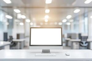 Blurred office background with a computer and white desk in a modern interior, a business work space concept, a mockup for product display presentation, with a white background photo
