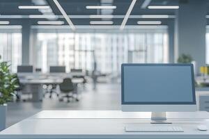 Blurred office background with a computer and white desk in a modern interior, a business work space concept, a mockup for product display presentation, with a white background photo