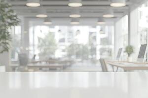 Blurred office background with a computer and white desk in a modern interior, a business work space concept, a mockup for product display presentation, with a white background photo