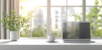 Blurred background of a modern home office interior with a laptop computer and a coffee cup on a white table, with copy space for text in the blurred window view. Business work from home concep photo