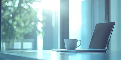 Blurred background of a modern home office interior with a laptop computer and a coffee cup on a white table, with copy space for text in the blurred window view. Business work from home concep photo