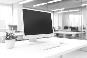Minimalist white desk with a computer and office background, blurred business center interior in the blurred background. Mockup for design or presentation photo