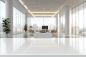 Minimalist white desk with a computer and office background, blurred business center interior in the blurred background. Mockup for design or presentation photo