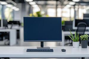 Minimalist white desk with a computer and office background, blurred business center interior in the blurred background. Mockup for design or presentation photo