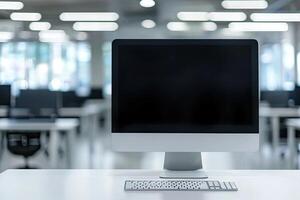 Minimalist white desk with a computer and office background, blurred business center interior in the blurred background. Mockup for design or presentation photo