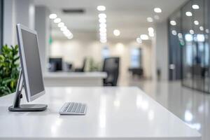 Minimalist white desk with a computer and office background, blurred business center interior in the blurred background. Mockup for design or presentation photo