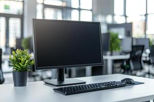 Minimalist white desk with a computer and office background, blurred business center interior in the blurred background. Mockup for design or presentation photo
