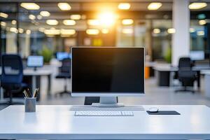 Minimalist white desk with a computer and office background, blurred business center interior in the blurred background. Mockup for design or presentation photo