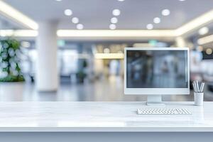 Minimalist white desk with a computer and office background, blurred business center interior in the blurred background. Mockup for design or presentation photo