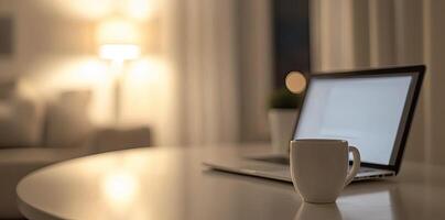 Minimalist white office desk with laptop and coffee mug on a blurred background, with space for text, representing the concept of working from home photo