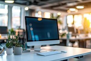 Minimalist white desk with a computer and office background, blurred business center interior in the blurred background. Mockup for design or presentation photo