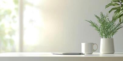 Minimalist white office desk with laptop and coffee mug on a blurred background, with space for text, representing the concept of working from home photo