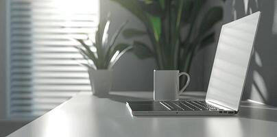 Minimalist white office desk with laptop and coffee mug on a blurred background, with space for text, representing the concept of working from home photo