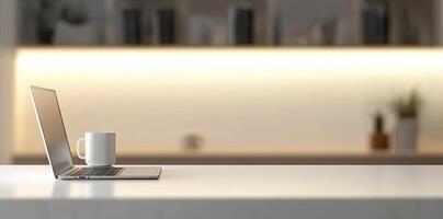 Minimalist white office desk with laptop and coffee mug on a blurred background, with space for text, representing the concept of working from home photo