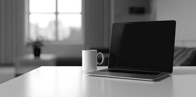 Minimalist white office desk with laptop and coffee mug on a blurred background, with space for text, representing the concept of working from home photo