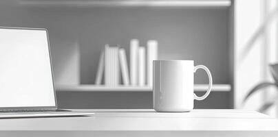 Minimalist white office desk with laptop and coffee mug on a blurred background, with space for text, representing the concept of working from home photo