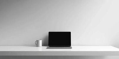 Minimalist white office desk with laptop and coffee mug on a blurred background, with space for text, representing the concept of working from home photo