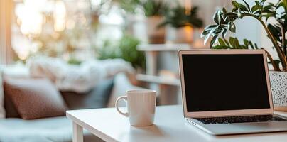Minimalist white office desk with laptop and coffee mug on a blurred background, with space for text, representing the concept of working from home photo