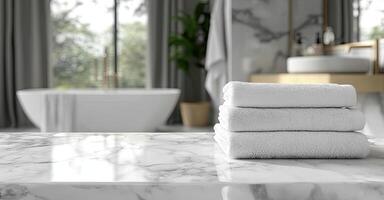 Neatly folded white towels on a marble countertop in a minimalist, luxurious bathroom with soft lighting and stylish decor photo
