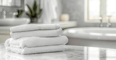 Neatly folded white towels on a marble countertop in a minimalist, luxurious bathroom with soft lighting and stylish decor photo