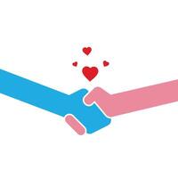 Two hands holding each other with hearts flying out of them vector