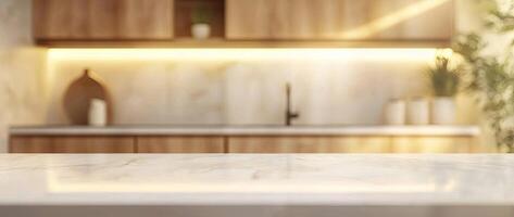 Blurred background of a modern kitchen interior with a white countertop and wooden cabinets, a blurred, abstract blur of a light beige wall in the kitchen photo