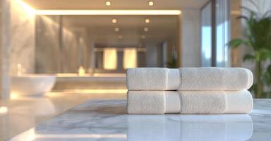 Blurred bathroom interior with a white marble table and a stack of towels on a blurred background, suitable for a product display montage photo
