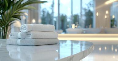 Blurred bathroom interior with a white marble table and a stack of towels on a blurred background, suitable for a product display montage photo