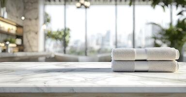 Blurred bathroom interior with a white marble table and a stack of towels on a blurred background, suitable for a product display montage photo