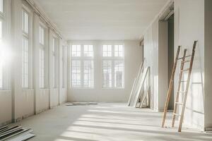 Empty room in the process of drywalling and construction, with materials scattered around. The walls have plasterboard panels being installed onto metal studs. Stepladders stand against the wall photo