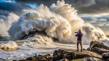 A man taking a photo of a large wave crashing into the ocean
