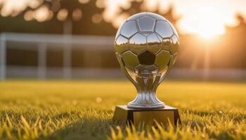 A soccer trophy on a grass field photo