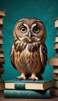 Owl sitting on top of books with a blue background photo