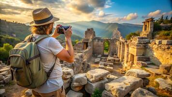 A man with a backpack taking a photo of the ruins