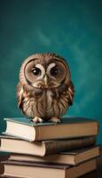 Owl sitting on top of books with blue background photo