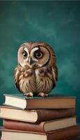 Owl sitting on top of books with a green background photo