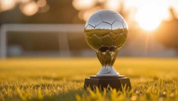 A soccer ball on a grass field with the sun in the background photo